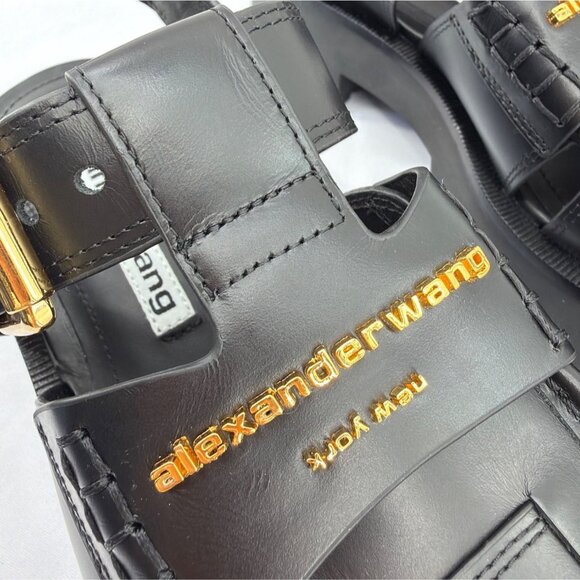 Alexander Wang Carter Cage Sandals Logo Black Leather Chunky Heel Women Size 38 - Picture 8 of 14